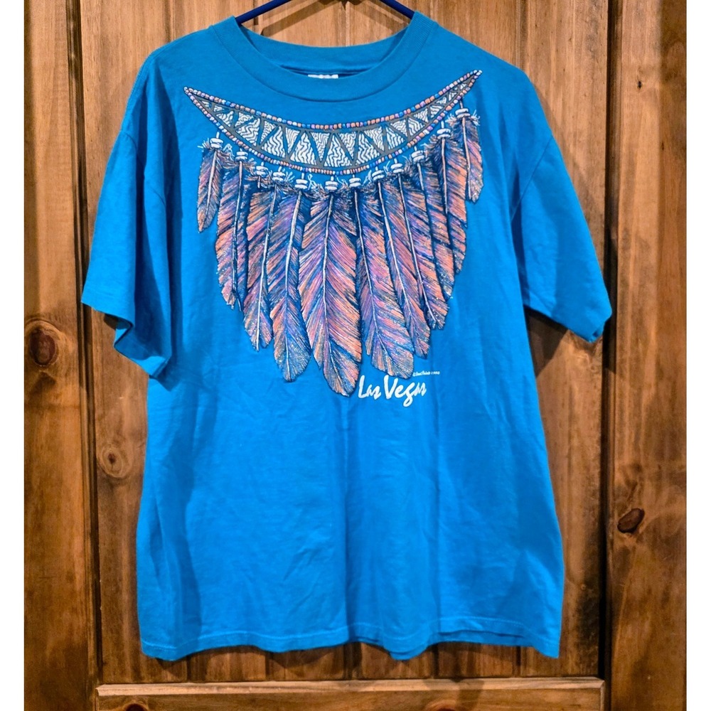 Vintage Miller 1992 Las Vegas Mens Size L Blue Stretch Feather‎ Graphic T-Shirt